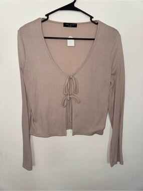 Urban Episode Dusty Taupe Tie-Front Ribbed Long Sleeve Top